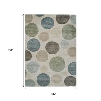 10' X 14' Khaki Fern Green And Teal Blue Geometric Washable Indoor Outdoor Area Rug