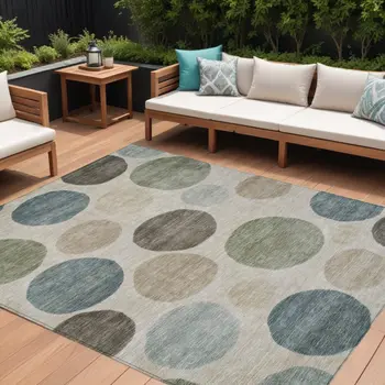 10' X 14' Khaki Fern Green And Teal Blue Geometric Washable Indoor Outdoor Area Rug