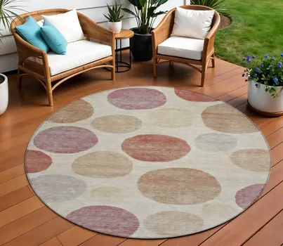 8' Salmon Ivory And Mauve Round Geometric Washable Indoor Outdoor Area Rug