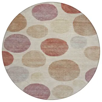 8' Salmon Ivory And Mauve Round Geometric Washable Indoor Outdoor Area Rug
