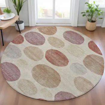 8' Salmon Ivory And Mauve Round Geometric Washable Indoor Outdoor Area Rug