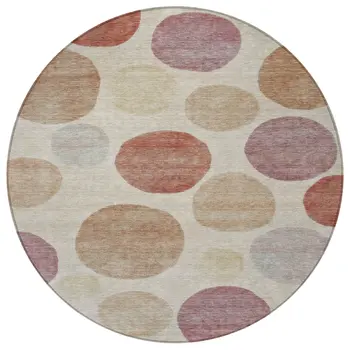 8' Salmon Ivory And Mauve Round Geometric Washable Indoor Outdoor Area Rug