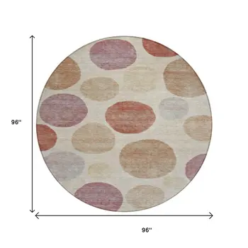 8' Salmon Ivory And Mauve Round Geometric Washable Indoor Outdoor Area Rug