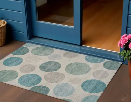 3' X 5' Teal Blue Ivory And Pale Aqua Geometric Washable Indoor Outdoor Area Rug