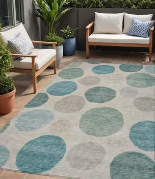 5' X 8' Teal Blue Ivory And Pale Aqua Geometric Washable Indoor Outdoor Area Rug