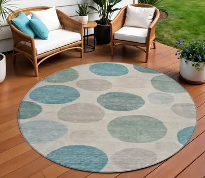 8' Teal Blue Ivory And Pale Aqua Round Geometric Washable Indoor Outdoor Area Rug