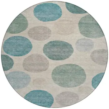 8' Teal Blue Ivory And Pale Aqua Round Geometric Washable Indoor Outdoor Area Rug
