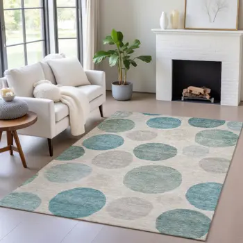 8' X 10' Teal Blue Ivory And Pale Aqua Geometric Washable Indoor Outdoor Area Rug