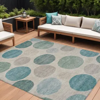 9' X 12' Teal Blue Ivory And Pale Aqua Geometric Washable Indoor Outdoor Area Rug