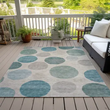 9' X 12' Teal Blue Ivory And Pale Aqua Geometric Washable Indoor Outdoor Area Rug