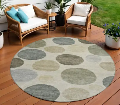 8' Taupe Beige And Ivory Round Geometric Washable Indoor Outdoor Area Rug