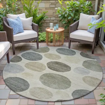 8' Taupe Beige And Ivory Round Geometric Washable Indoor Outdoor Area Rug