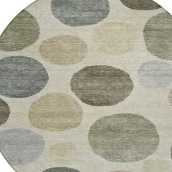 8' Taupe Beige And Ivory Round Geometric Washable Indoor Outdoor Area Rug