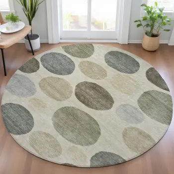8' Taupe Beige And Ivory Round Geometric Washable Indoor Outdoor Area Rug