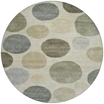 8' Taupe Beige And Ivory Round Geometric Washable Indoor Outdoor Area Rug