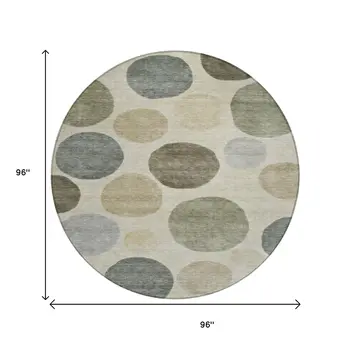 8' Taupe Beige And Ivory Round Geometric Washable Indoor Outdoor Area Rug