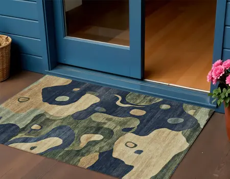 3' X 5' Navy Blue Gold And Olive Green Abstract Washable Indoor Outdoor Area Rug