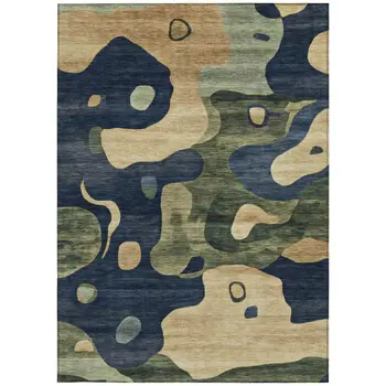 5' X 8' Navy Blue Gold And Olive Green Abstract Washable Indoor Outdoor Area Rug