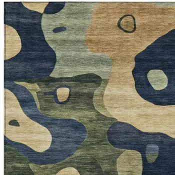5' X 8' Navy Blue Gold And Olive Green Abstract Washable Indoor Outdoor Area Rug