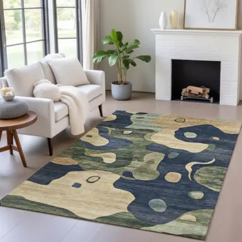 5' X 8' Navy Blue Gold And Olive Green Abstract Washable Indoor Outdoor Area Rug