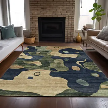 5' X 8' Navy Blue Gold And Olive Green Abstract Washable Indoor Outdoor Area Rug