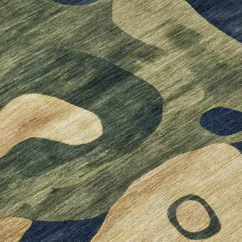 8' Navy Blue Gold And Olive Green Round Abstract Washable Indoor Outdoor Area Rug