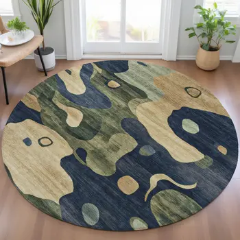 8' Navy Blue Gold And Olive Green Round Abstract Washable Indoor Outdoor Area Rug