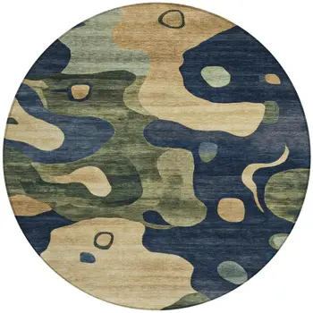 8' Navy Blue Gold And Olive Green Round Abstract Washable Indoor Outdoor Area Rug