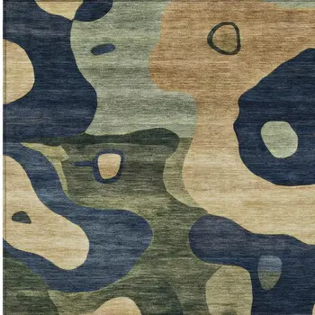 8' X 10' Navy Blue Gold And Olive Green Abstract Washable Indoor Outdoor Area Rug