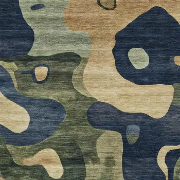 9' X 12' Navy Blue Gold And Olive Green Abstract Washable Indoor Outdoor Area Rug