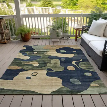 9' X 12' Navy Blue Gold And Olive Green Abstract Washable Indoor Outdoor Area Rug
