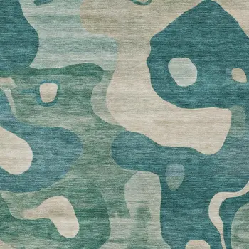 3' X 5' Teal Blue Ivory And Beige Abstract Washable Indoor Outdoor Area Rug