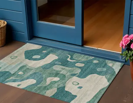 3' X 5' Teal Blue Ivory And Beige Abstract Washable Indoor Outdoor Area Rug
