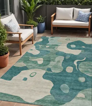 5' X 8' Teal Blue Ivory And Beige Abstract Washable Indoor Outdoor Area Rug