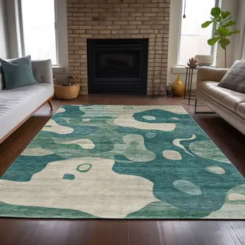 5' X 8' Teal Blue Ivory And Beige Abstract Washable Indoor Outdoor Area Rug