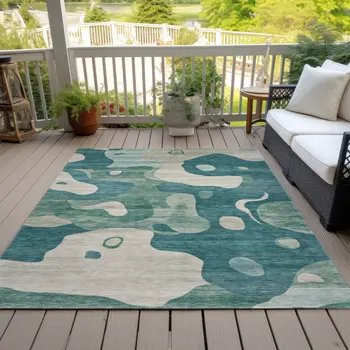 5' X 8' Teal Blue Ivory And Beige Abstract Washable Indoor Outdoor Area Rug