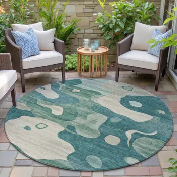 8' Teal Blue Ivory And Beige Round Abstract Washable Indoor Outdoor Area Rug