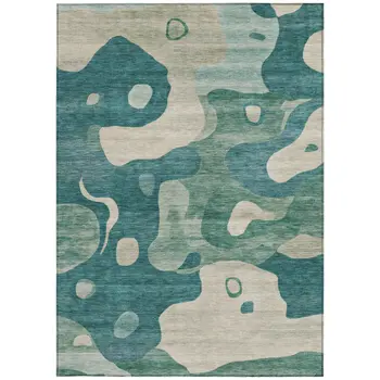 8' X 10' Teal Blue Ivory And Beige Abstract Washable Indoor Outdoor Area Rug