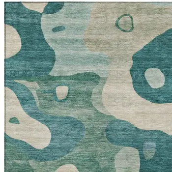 9' X 12' Teal Blue Ivory And Beige Abstract Washable Indoor Outdoor Area Rug