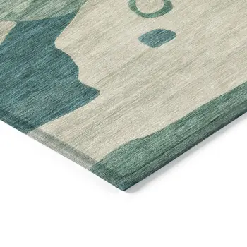 9' X 12' Teal Blue Ivory And Beige Abstract Washable Indoor Outdoor Area Rug
