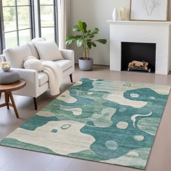 9' X 12' Teal Blue Ivory And Beige Abstract Washable Indoor Outdoor Area Rug