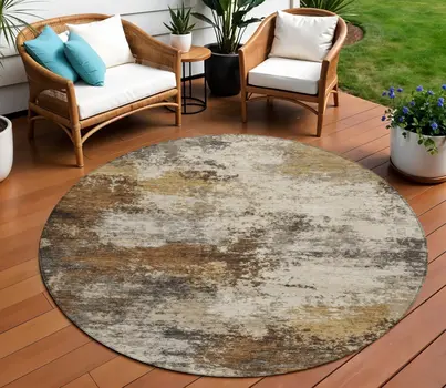 8' Brown And Beige Round Abstract Washable Indoor Outdoor Area Rug