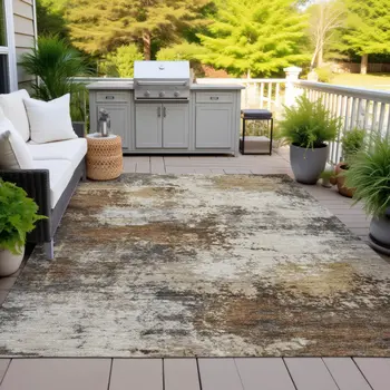 9' X 12' Brown And Beige Abstract Washable Indoor Outdoor Area Rug