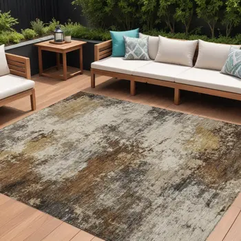 10' X 14' Brown And Beige Abstract Washable Indoor Outdoor Area Rug