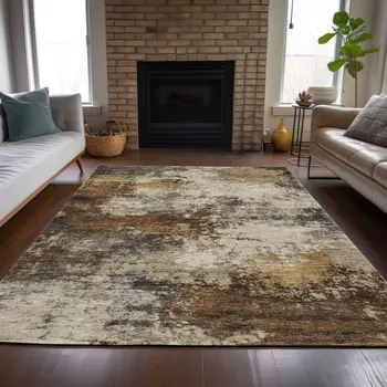 10' X 14' Brown And Beige Abstract Washable Indoor Outdoor Area Rug