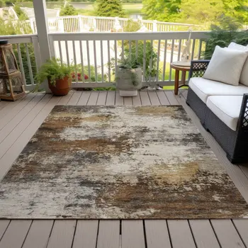 10' X 14' Brown And Beige Abstract Washable Indoor Outdoor Area Rug