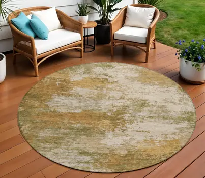 8' Copper And Ivory Round Abstract Washable Indoor Outdoor Area Rug