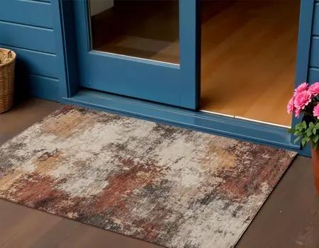 3' X 5' Rust And Beige Abstract Washable Indoor Outdoor Area Rug