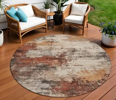 8' Rust And Beige Round Abstract Washable Indoor Outdoor Area Rug