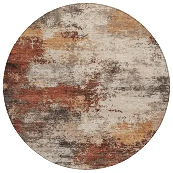 8' Rust And Beige Round Abstract Washable Indoor Outdoor Area Rug